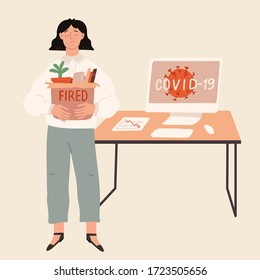 Coronavirus impact on unemployment rate, financial crisis concept. Dismissed upset woman leaving office with cardboard box. Virus COVID-19 on monitor screen