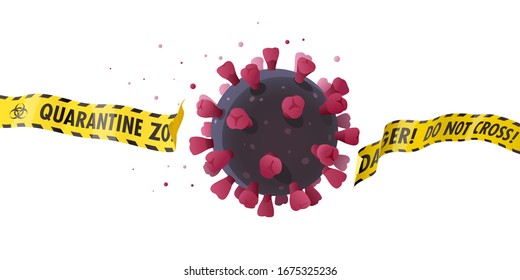 Coronavirus impact. Spiky sphere of COVID-19 virus breaks the barrier tape of a quarantine zone and tries to get out of control. Risky situation with a prevention of pandemic. Conceptual vector image.