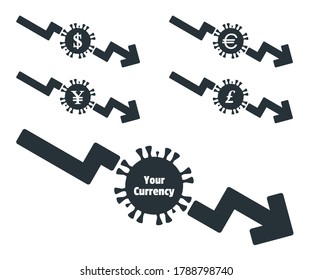 Coronavirus Impact to The World Currency Economy Icon Symbol Sign. Recession or Great Economic Financial Depression, Declining Statistic. COVID-19 Pandemic Business Impact Illustration vector. 