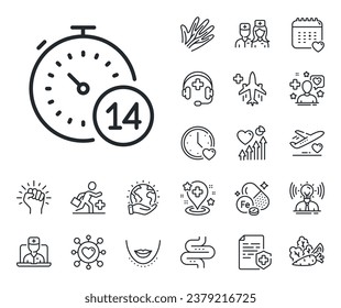 Coronavirus incubation period sign. Online doctor, patient and medicine outline icons. Quarantine timer line icon. Self-isolation symbol. Quarantine line sign. Vector