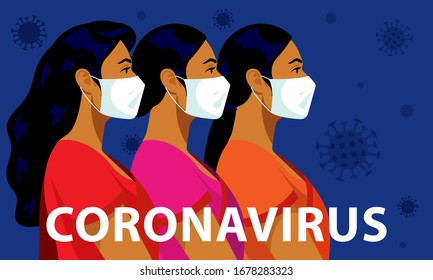 Coronavirus in India. Coronavirus (2019-nCoV), indian women in white medical face masks. Female portraits surround viruses in the air. Concept of coronavirus, quarantine, lockdown. Modern vector