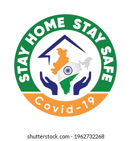 Coronavirus in India. Stay home stay safe banner illustration. Poster icon logo sticker. Covid-19 bacterias background. 2019–nCoV Coronaviruses India. Coronavirus outbreak vector design web template.