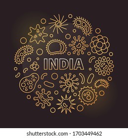 Coronavirus in India vector round concept golden linear illustration on dark background