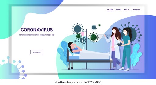 coronavirus infect control diagnosis concept doctor with nurse in masks examining illness patient lying in bed epidemic MERS-CoV floating influenza wuhan 2019-nCoV full length copy space horizontal