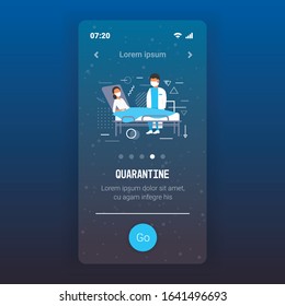 coronavirus infect control diagnosis concept doctor in mask examining illness patient lying in bed epidemic MERS-CoV wuhan 2019-nCoV quarantine concept mobile app copy space full length vector