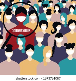 Coronavirus Infected person in a crowd of people, virus scan, checkpoint. Covid-19,  2019-ncov, people in white medical face mask, them attacks the virus. Coronavirus Pandemic Concept