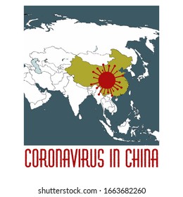 Coronavirus infection in China, Asia map with emphasized country. 2020 disease. Vector stock illustration in cartoon style.