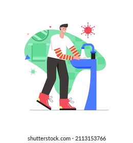 Coronavirus infection disease modern flat concept. Man washes his hands with soap in sink. Precautions and ways to stop spread of virus. Vector illustration with people scene for web banner design