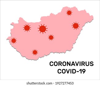 Coronavirus Infection In Hungary. Hungary Map With Random Microbe Cell Symbols.