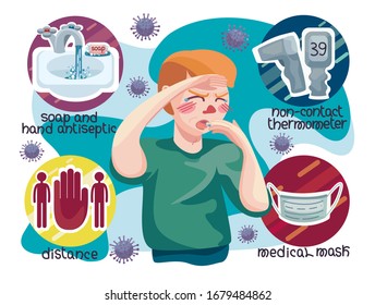 Coronavirus infection, influenza infection, acute respiratory viral diseases. Ways to prevent coronavirus disease. Non-contact thermometer, soap and hand-held antiseptic, medical mask, distance.