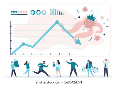 Coronavirus infection and pandemic causes stock and financial markets to fall. Various people, businessmen are shocked and panicking. World finance crisis. Trendy flat banner.Vector illustration