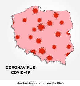 Coronavirus infection in Poland. Poland map with random microbe cell symbols.