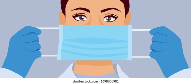 Coronavirus infection prevent. Medical mask. Doctor in hospital protect. How to put mask on face.