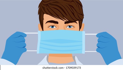 Coronavirus infection prevent. Medical mask. Doctor in hospital protect. How to put mask on face. Young man showing how to use mask.