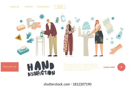 Coronavirus Infection Prevention, Disinfection Landing Page Template. Male and Female Characters Washing Hands with Disinfectant Gel, Sanitizer or Antibacterial Soap. Linear People Vector Illustration