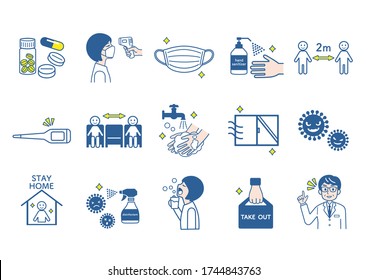 Coronavirus infection prevention icon set.