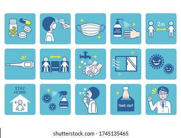 Coronavirus infection prevention icon set.