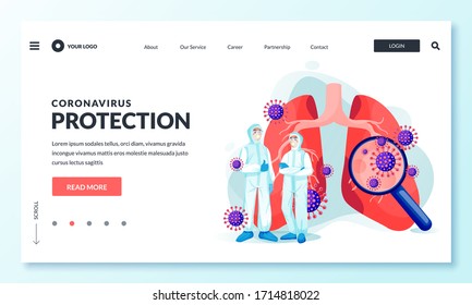 Coronavirus infection protection and safe work of medical workers concept. Doctors in professional personal protective clothing and lungs infected with covid-19. Vector people characters illustration