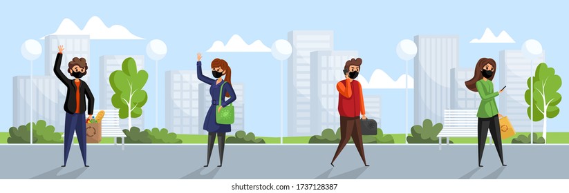 Coronavirus, infection, quarantine, 2019ncov concept. Group of young people men women boys girls with medical face masks walking on street together. Social distancing because of Covid19 illustration.