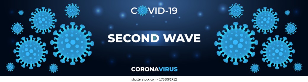 Coronavirus infection, second wave covid-19, dark blue medical banner. Dark wide vector background covid19 second wave concept. Pandemic coronavirus second wave wide banner.