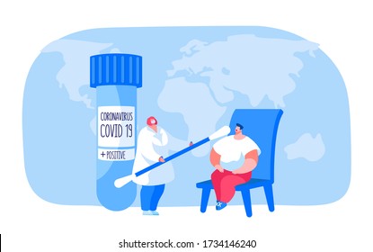 Coronavirus Infection Test. Sampling From Larynx To Determine Contagious Disease. Doctor Character In Medical Lab Put Cotton Swab To Man Mouth For Saliva Test. Cartoon People Vector Illustration