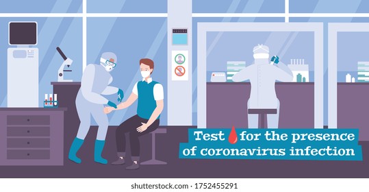 Prueba de infección por coronavirus de fondo plano con paciente que da sangre para análisis y virolista que trabaja en ilustración de vector de laboratorio