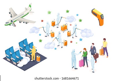 Prävention und Desinfektion von Infektionen mit Coronavirus, isometrische Vektorillustration. Coronavirus-Epidemie: antivirale Desinfektionshygiene, Temperaturkontrolle bei Flugreisenden und Quarantäne