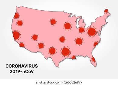Coronavirus infection in USA. USA map with random microbe cell symbols.