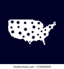 Coronavirus infection in USA. USA map with random microbe cell symbols.