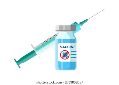 Coronavirus infection vaccine ampoule with syringe. COVID-19 disease vaccination shot. Medical 2019-ncov protection drug. Human immunization campaign symbol. Vector eps isolated illustration