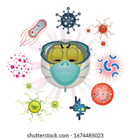 Coronavirus Infectious Disease. Smile ball wearing protection mask surrounded by various types of viruses.