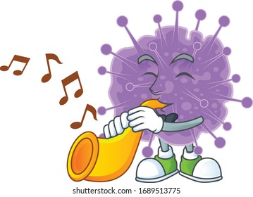 Coronavirus influenza cartoon character playing music with a trumpet