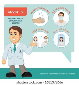 Coronavirus infographic with Doctor cartoon character shows a list of recommendation.