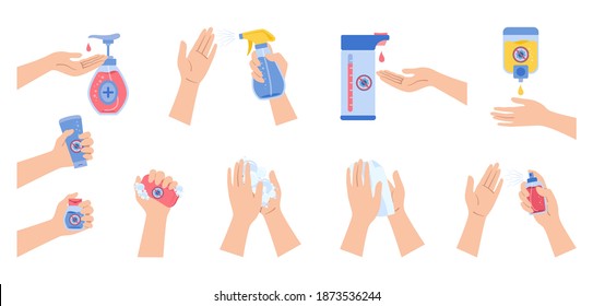 Coronavirus infographic, hands use spray sanitizer, wash soap, against covid virus cartoon set. Coronavirus flat disinfection sanitizer bottles, antiseptic gel collection. Isolated vector illustration