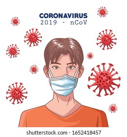 infografía de coronavirus con el hombre utilizando el diseño de ilustración de la máscara vectorial