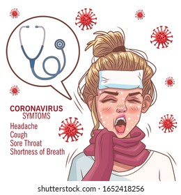 coronavirus infographic with sick woman and stethoscope vector illustration design