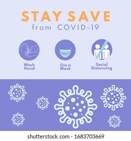 Coronavirus infographic. Stay safe from Covid-19 (Coronavirus Disease 19). Health appeal banner for the community and social media post. Vector illustration.