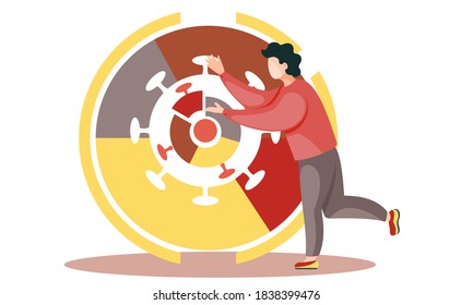 Coronavirus infographics vector diagram, statistics and info chart. Covid-19 virus infection quarantine by segment. Man points with hand to the epidemic sectors, viral epidemic infographics