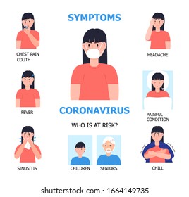 Coronavirus infographics vector. Infected girl illustration. CoV-2019 symptoms are shown. Icons of fever, chill, sinusitis, cough are shown. Age groups of coronavirus infection