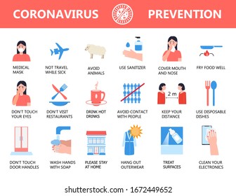 Coronavirus Infographics Vector. Prevention Of  CoV-2019 Are Shown For Quarantine. Medical Mask, Wash Hands With Soap, Avoid Contact. Not Travel While Sick And Stay At Home. Do Not Touch Eyes.