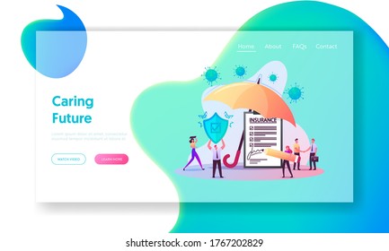 Coronavirus Insurance Landing Page Template. Tiny Characters Signing Health Policy under Huge Umbrella. Man Holding Protective Shield, Medical Protection, Guarantee. Cartoon People Vector Illustration