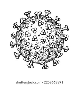 Coronavirus aislado de fondo blanco. Dibujo manual de ilustraciones científicas detalladas y realistas de vectores en el estilo de esbozo