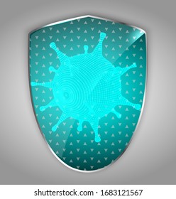 Coronavirus isolation shield with virus cell. Virus protection system logo.  vector illustration