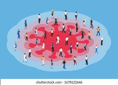 Coronavirus Isometric Concept. The danger of a pandemic. 3d crowd of people with different skin color, men and women stand on the target in the form of a virus. Vector illustration.
