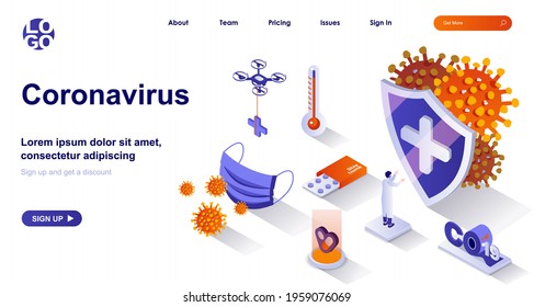 Coronavirus isometric landing page. Fighting the pandemic, stop covid-19 isometry concept. Doctor, protective mask, treatment 3d web banner. Vector illustration with people characters in flat design