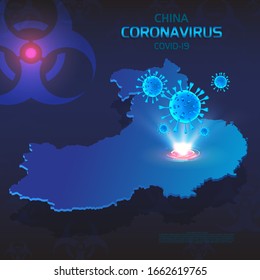 Mapa isométrico de China con zona destacada del brote de coronavirus chino. Moléculas Holograma 3D de bacterias coronavirus COVID-2019 sobre un fondo futurista azul con signo de riesgo biológico. Vector EPS10.