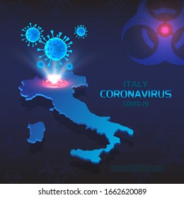 Coronavirus. Isometric map of Italy with highlighted zone Chinese coronavirus outbreak. Hologram 3D molecules of coronavirus bacteria COVID-2019 on a blue futuristic background with biohazard sign. 
