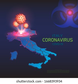Coronavirus in Italy. Isometric map of Italy with regions country. Hologram 3D molecules of coronavirus bacteria COVID-2019 on a blue futuristic background with biohazard sign. Coronavirus outbreak.