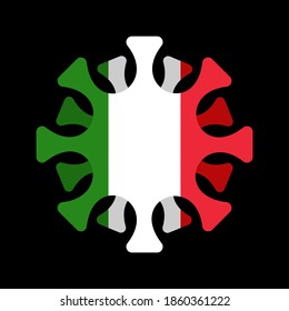 Coronavirus in Italy. Microbe COVID-2019 in Italian flag. World epidemic. Pandemic. Country in lockdown
