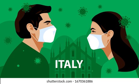 Coronavirus in Italy. Novel coronavirus (2019-nCoV), woman in white medical face mask. Concept of coronavirus quarantine.